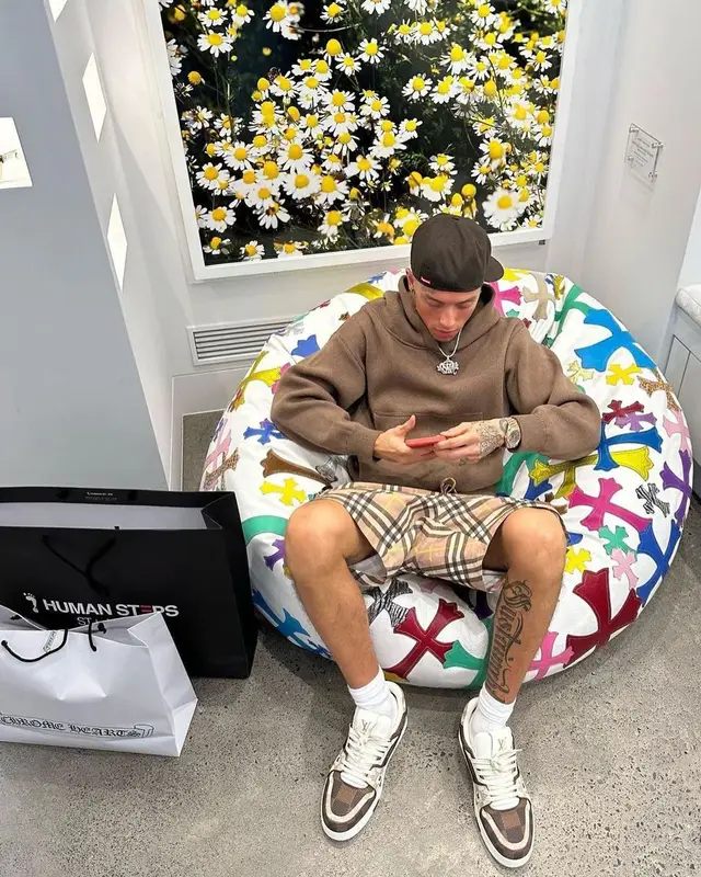 Central Cee outfit in Burberry, Louis Vuitton, and Chrome Hearts, 2023
