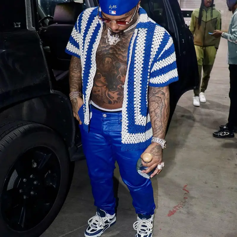 Doe Boy outfit in Bode, Purple Brand, and Louis Vuitton, 2023