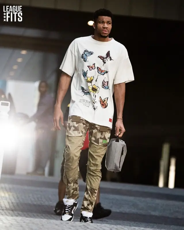Giannis Antetokounmpo outfit in CHNGE, G - Star, and Supreme, 2023