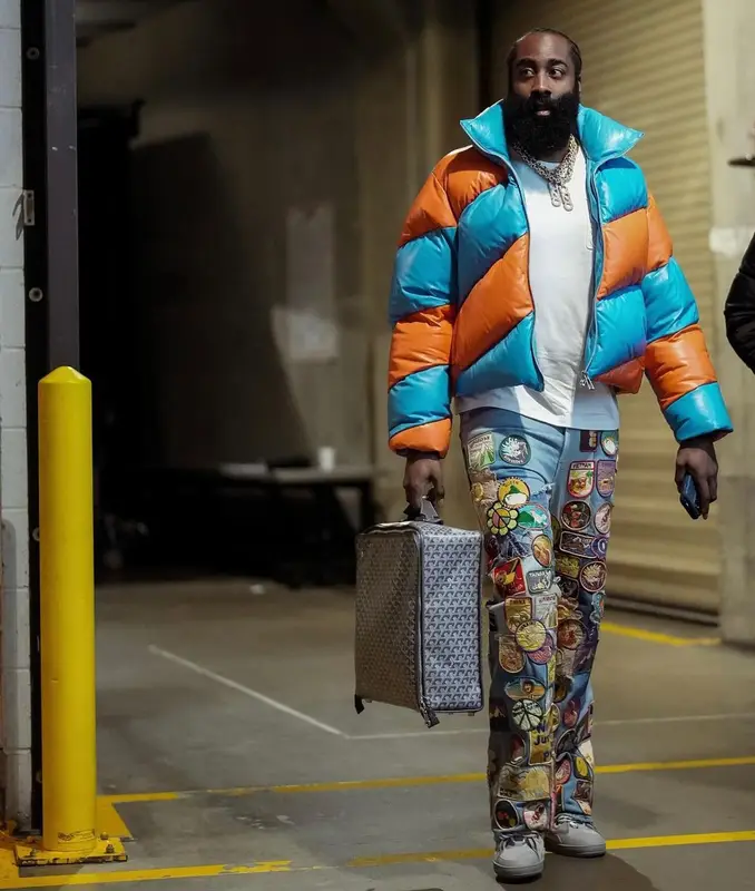 James Harden outfit in Bottega Veneta, Kapital, and Goyard, 2023