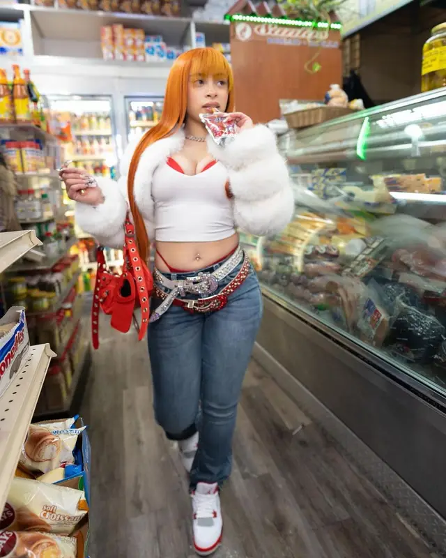 Ice Spice outfit in True Religion, B.B. Simon, and Balenciaga, 2023