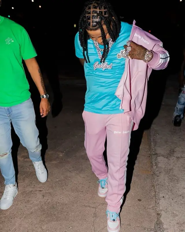 Lil Jairmy outfit in Palm Angels, Moncler, and Bape, 2022