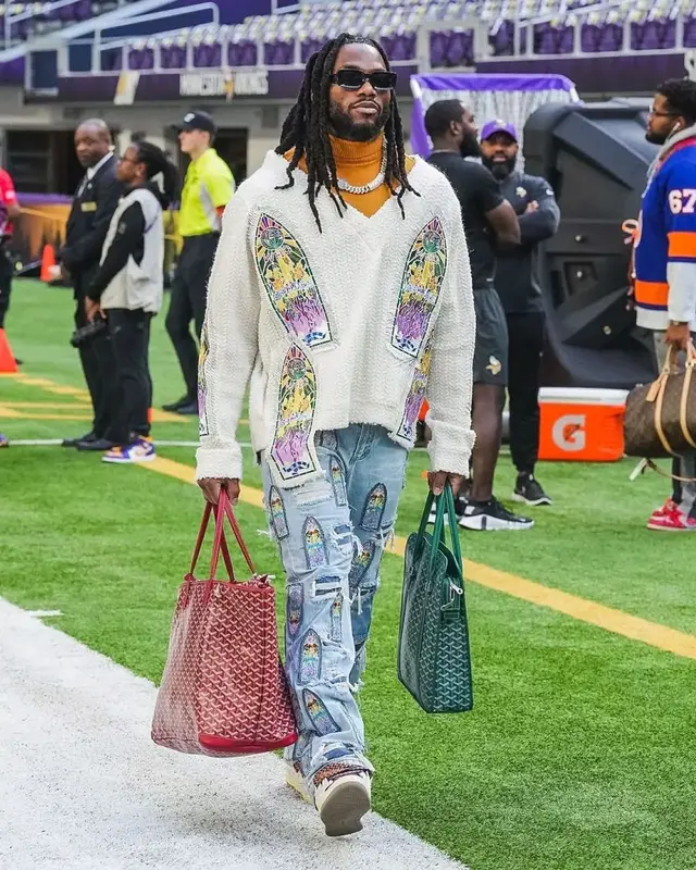 Jaylon Smith outfit in Who Decides War, Lanvin, and Goyard, 2023