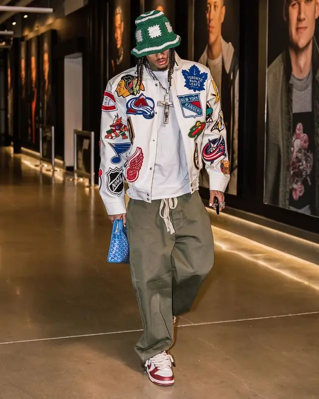 Jordan Clarkson outfit in Jeff Hamilton, Loewe, and Goyard, 2023