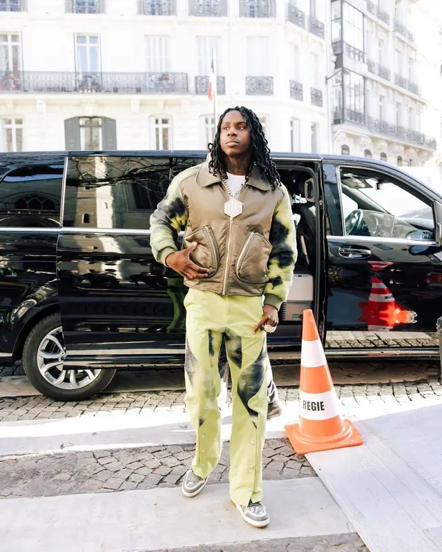 Polo G outfit in Bluemarble and Louis Vuitton, 2023