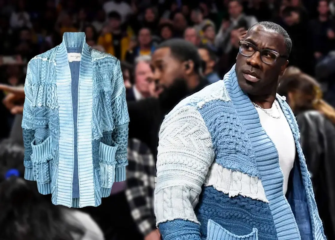 Shannon Sharpe's Lakers vs Grizzlies Game Greg Lauren Blue Patchwork  Cardigan + What was the Heated Argument About? – Fashion Bomb Daily