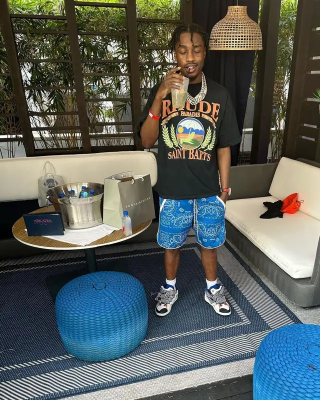 Lil Tjay outfit in Rhude, Lanvin, and Heron Preston, 2023