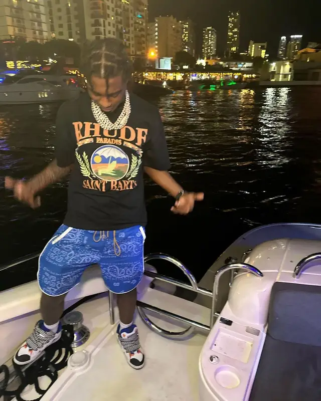 Lil Tjay outfit in Rhude, Lanvin, and Heron Preston, 2023