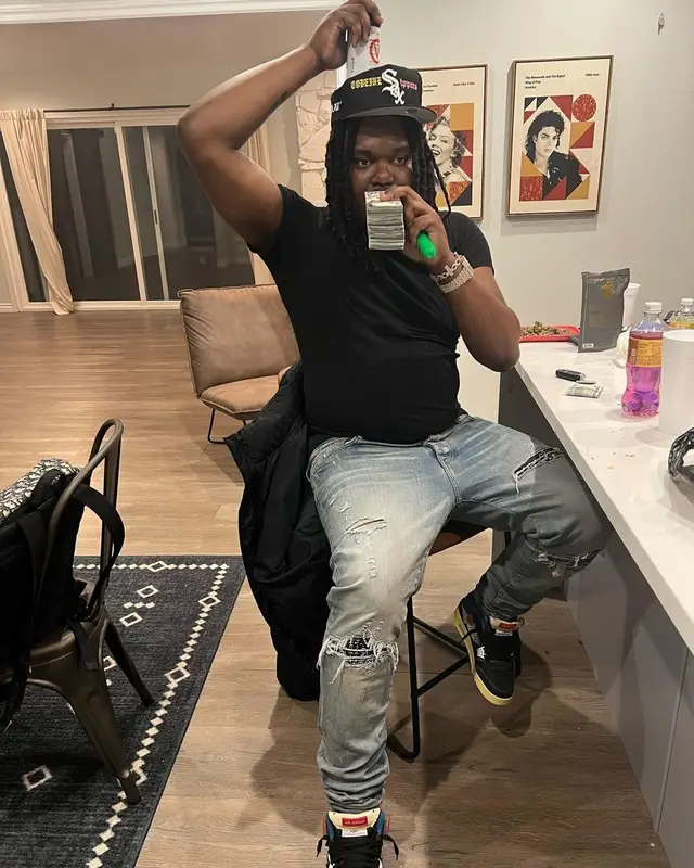 Lucki outfit in Hanes, Amiri, and Jordan, 2022