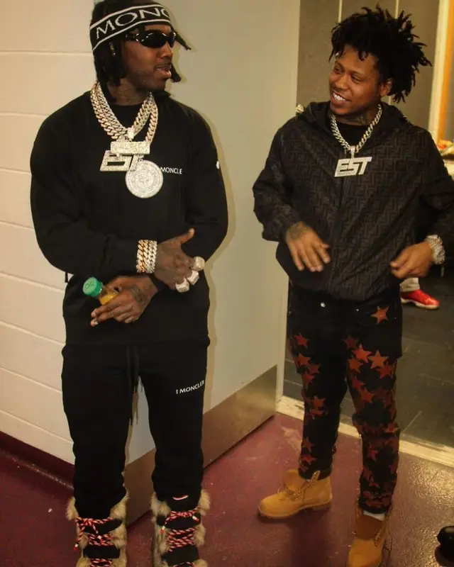 EST Gee outfit in Hyke and Moncler, 2023