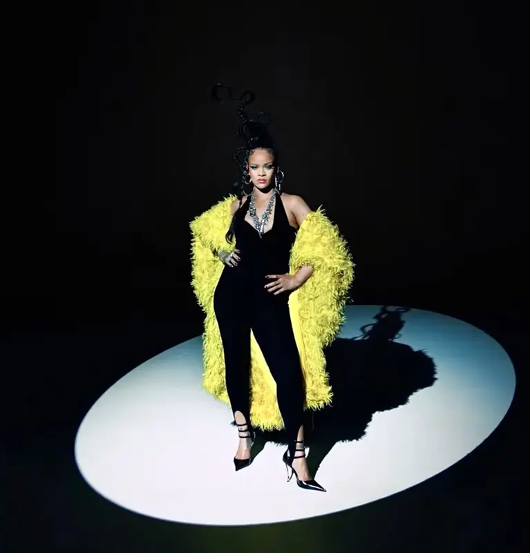 Rihanna outfit in Area, Saint Laurent, and Versace, 2023