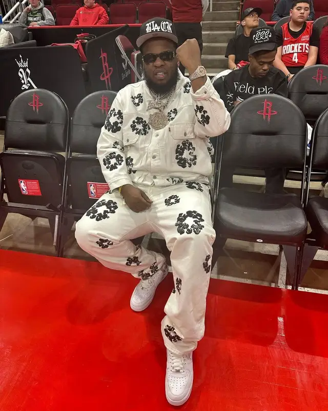 Maxo Kream outfit in Denim Tears, Louis Vuitton, and Balenciaga, 2023