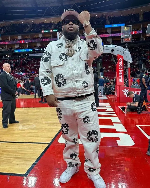 Maxo Kream outfit in Denim Tears, Louis Vuitton, and Balenciaga, 2023