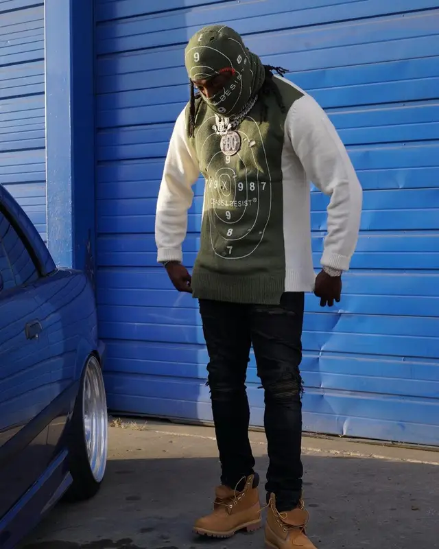 Young Scooter outfit in Cease±Desist, Amiri, and Timberland, 2022