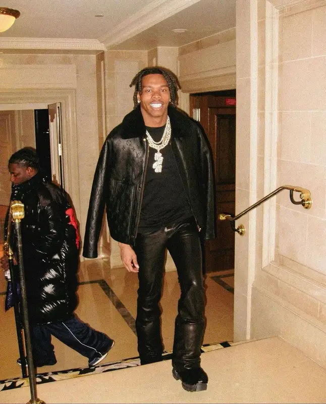 Lil Baby outfit in Louis Vuitton, Cout De La Liberte, and Rick Owens, 2023