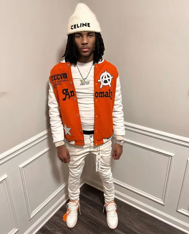 Lil Darius outfit in Purple Brand, Off-White, and Celine, 2023