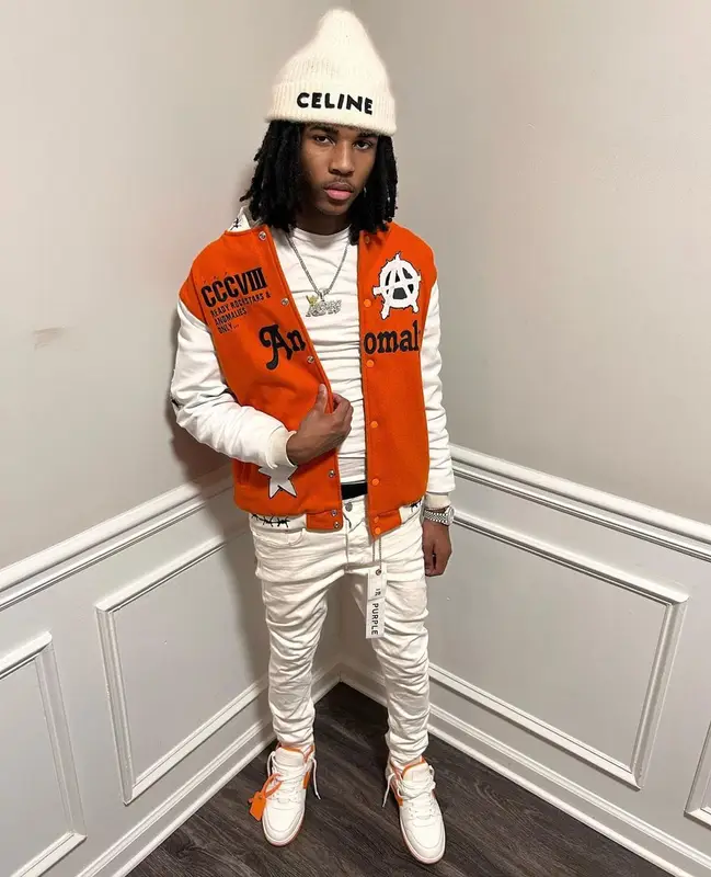 Lil Darius outfit in Purple Brand, Off-White, and Celine, 2023