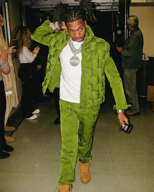 Lil Baby outfit in Bottega Veneta and Timberland, 2023