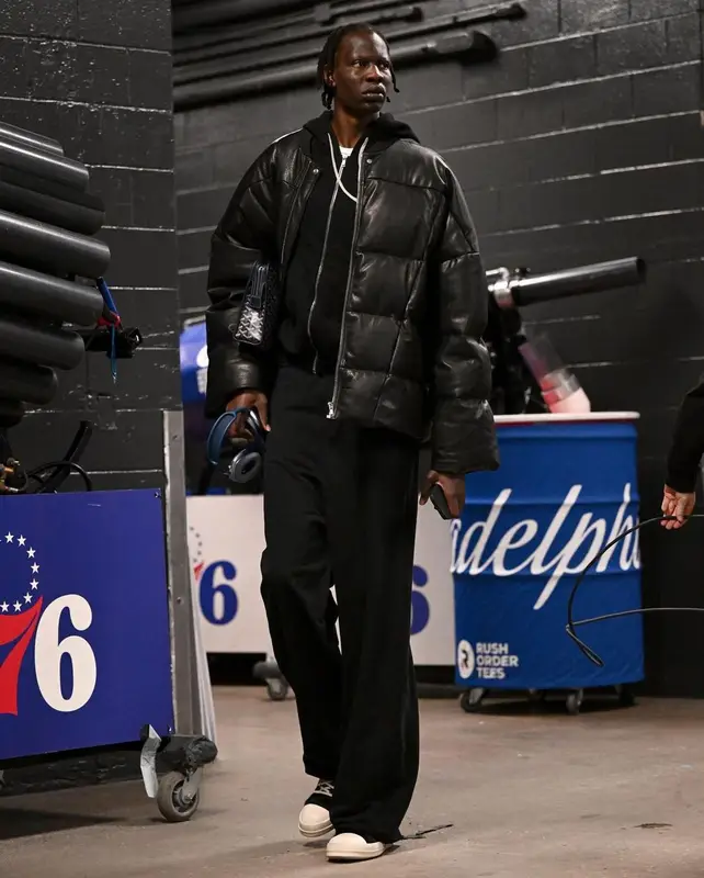 Bol Bol outfit in Rick Owens, Goyard, and Apple, 2023