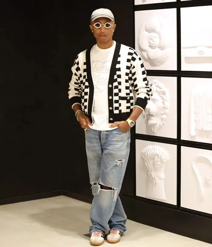 Pharrell Williams outfit in Tiffany&Co, Human Made, and Girls Don't Cry, 2023