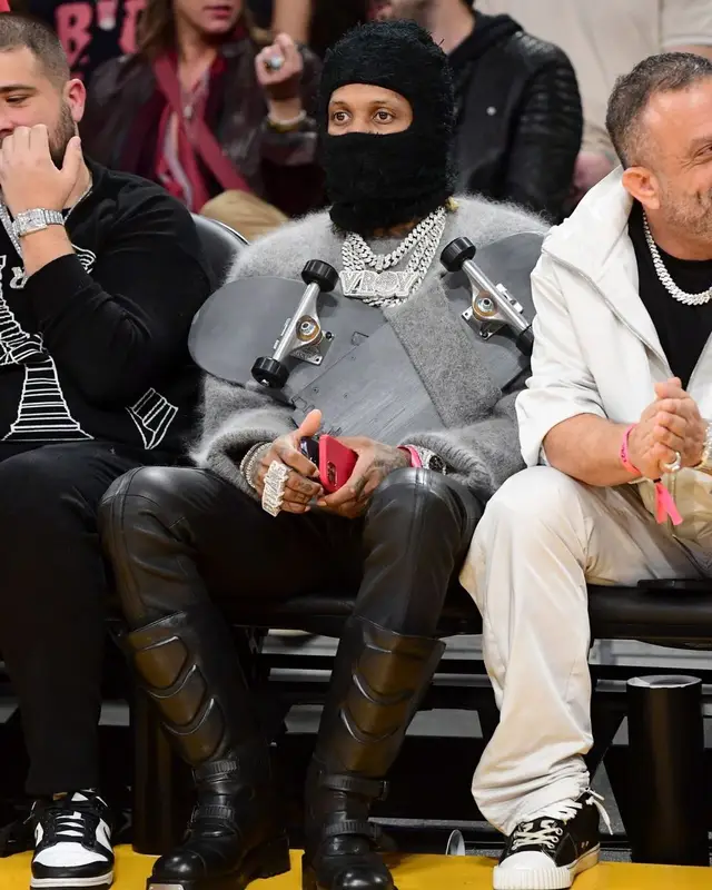 Lil Durk outfit in JW Anderson and Blavic, 2023