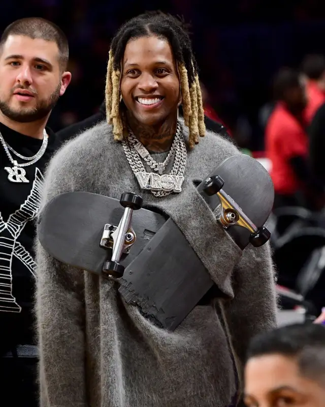 Lil Durk outfit in JW Anderson and Blavic, 2023