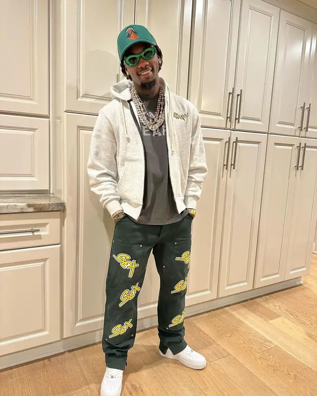 Offset outfit in Nike, Bottega Veneta, and Denim Tears, 2023