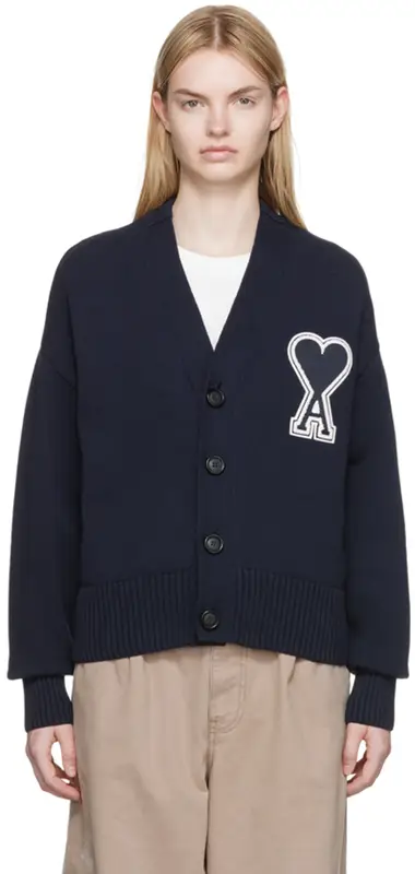 Ami Ssense Exclusive Navy Ami De Cœur Cardigan In 410 Navy Blue $555