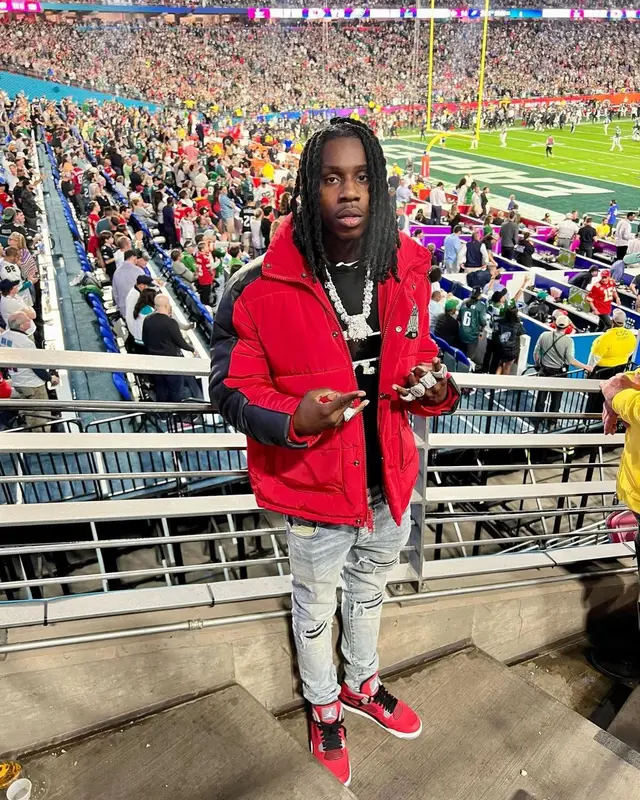 Polo G outfit in Avirex, Amiri, and Jordan, 2023