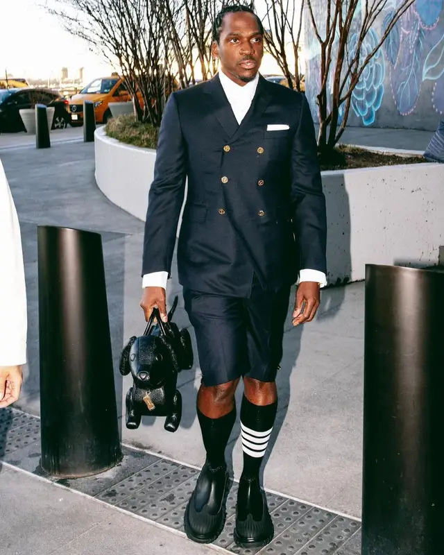 Pusha T outfit in Thom Browne, 2023