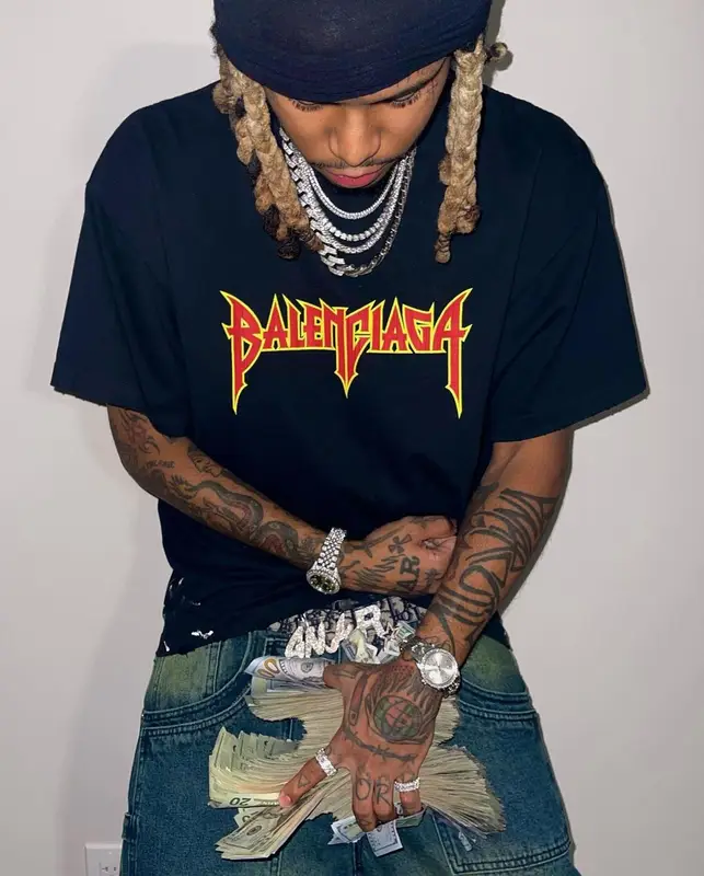 Lil Gnar outfit in Balenciaga, Jaded London, and Timberland, 2023