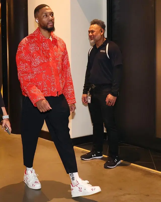 Damian Lillard outfit in Louis Vuitton and Issey Miyake, 2023