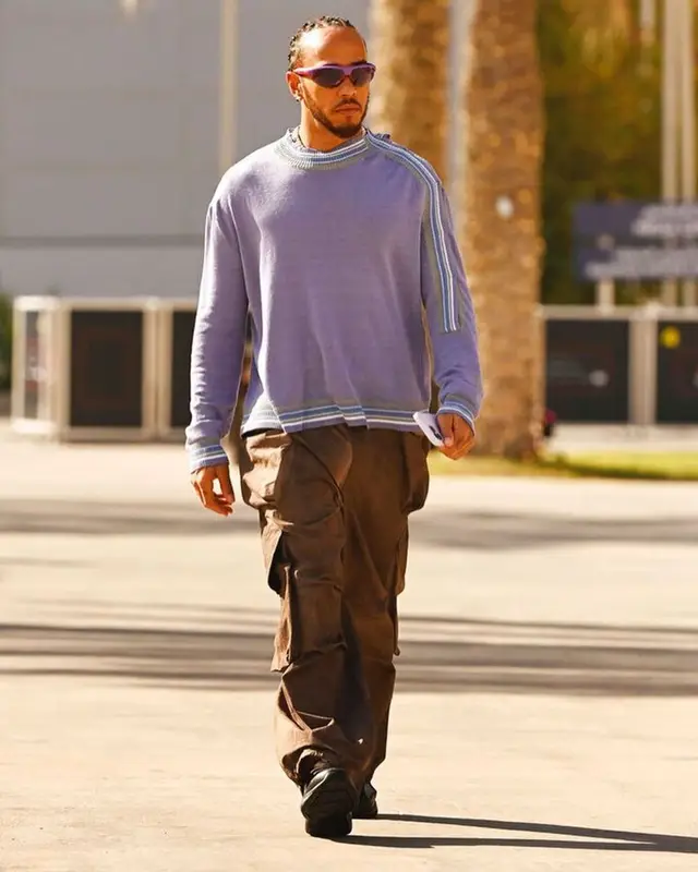 Lewis Hamilton outfit in Kiko Kostadinov, Prada, and Louis Vuitton, 2023