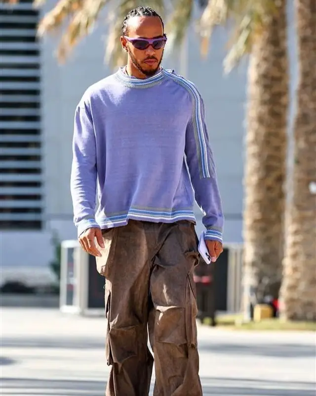 Lewis Hamilton outfit in Kiko Kostadinov, Prada, and Louis Vuitton, 2023