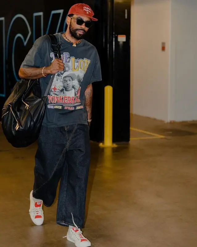 Kyrie Irving outfit in The Lox Merch, Loewe, and The Fruit Mkt, 2023