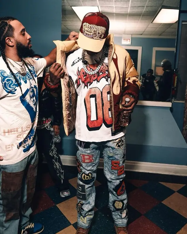 A Boogie Wit Da Hoodie outfit in Moncler, Kapital, and Palm Angels, 2023