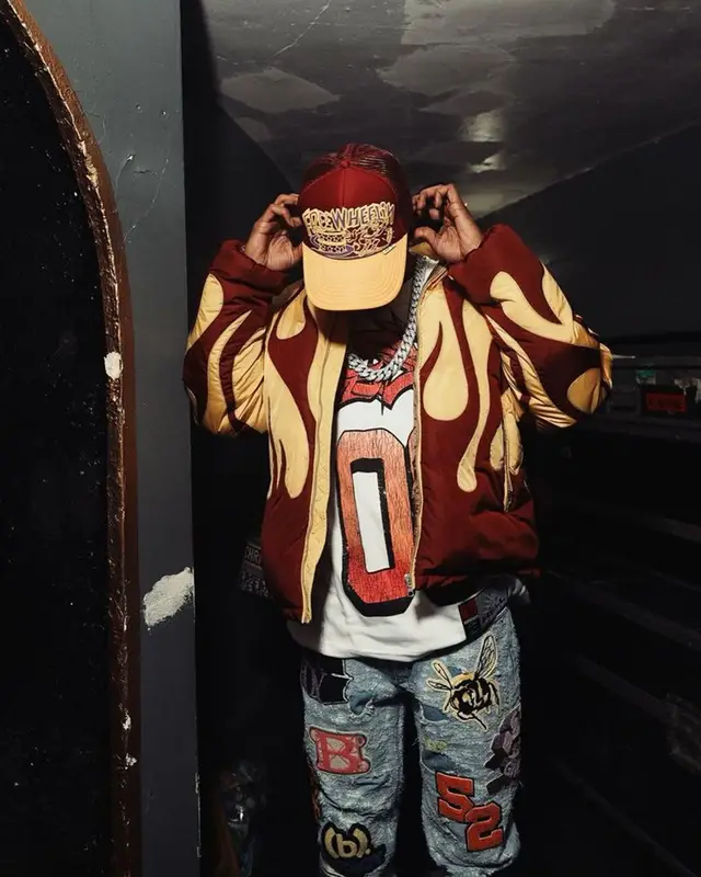 A Boogie Wit Da Hoodie outfit in Moncler, Kapital, and Palm Angels, 2023