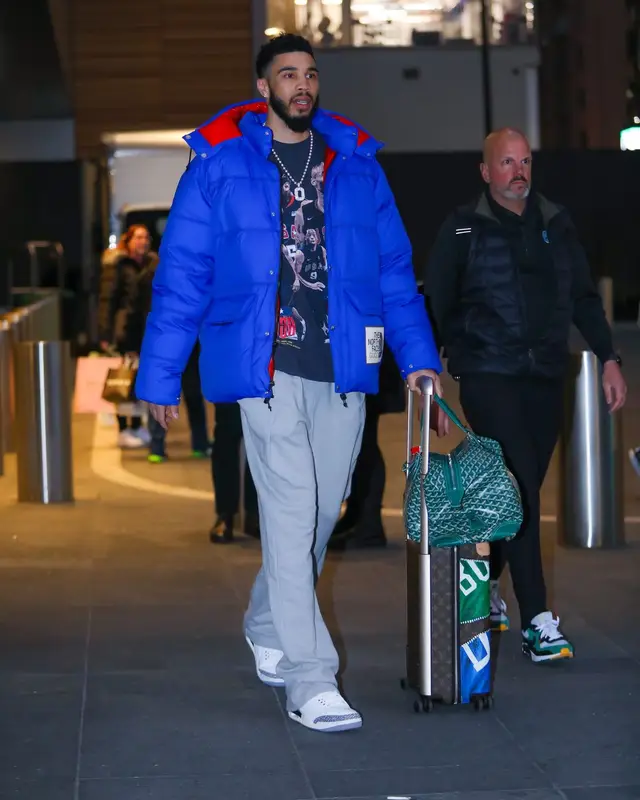 Jayson Tatum outfit in Gucci, Jordan, and The North Face, 2023