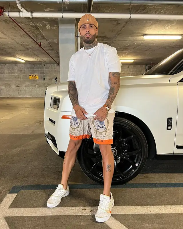 Nicky Jam outfit in Amiri, Nike, and Obey, 2023