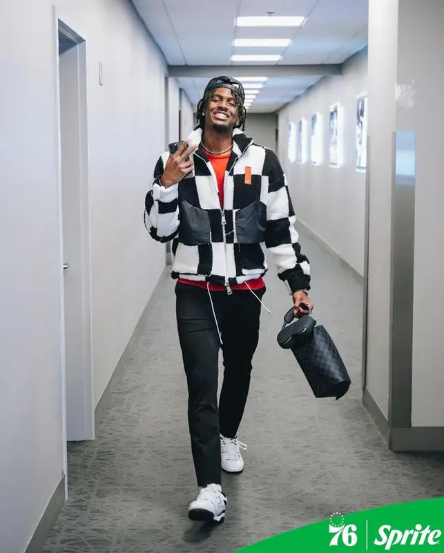 Tyrese Maxey outfit in Mr. Saturday, New Balance, and Louis Vuitton, 2023