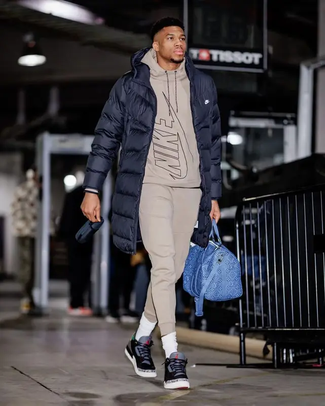 Giannis Antetokounmpo outfit in Nike, Jordan, and Louis Vuitton, 2023