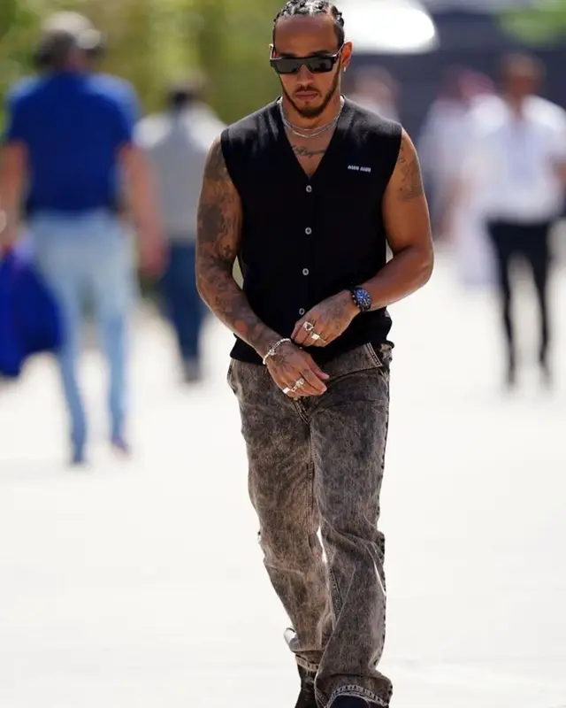 Lewis Hamilton outfit in Miu Miu and Retrosuperfuture, 2023