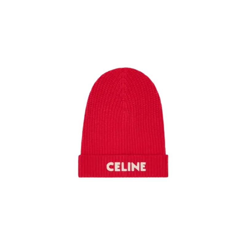 Celine Red Logo-Patch Beanie $395