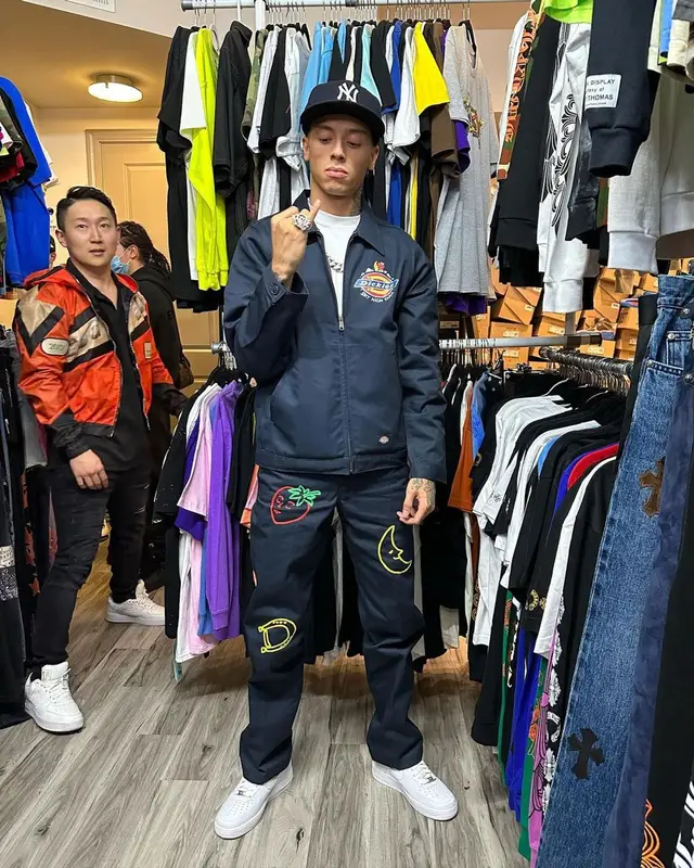 Central Cee outfit in Dickies, Nike, and Sky High Farm Workwear, 2023
