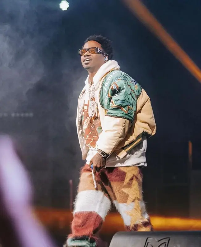 Roddy Ricch outfit in Kapital, Rhude, and Palm Angels, 2023