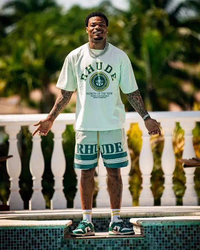 Derwin James outfit in Rhude and Nike, 2023