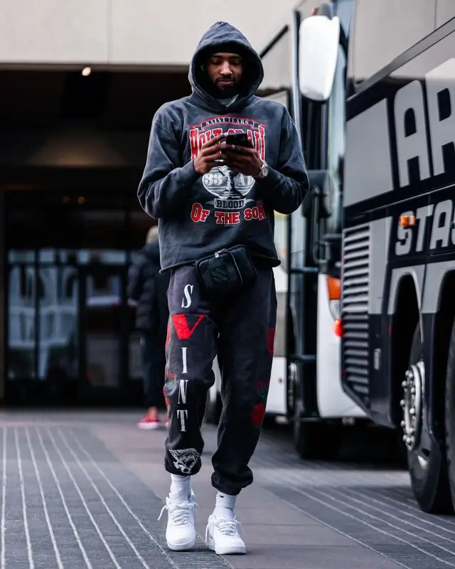 Derrick Jones Jr. outfit in Denim Tears, Vlone, and Louis Vuitton, 2023