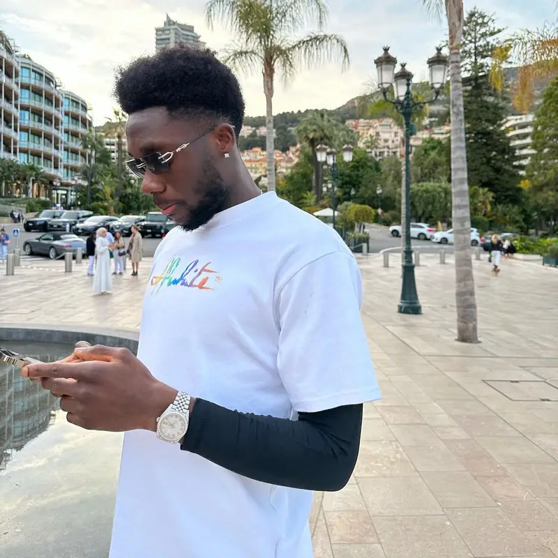 Alphonso Davies outfit in Off-White and Amiri, 2023