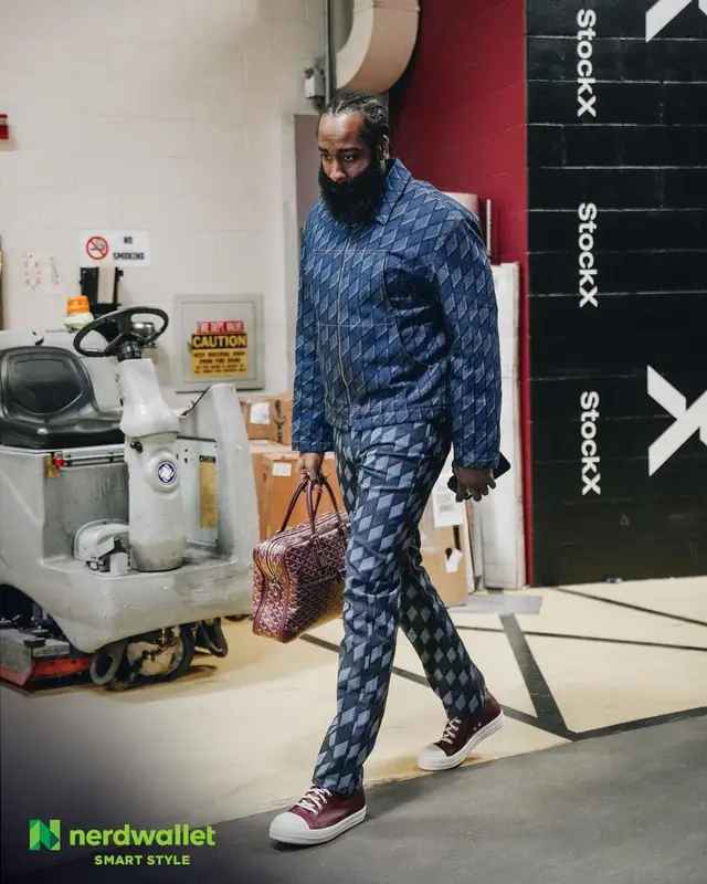 James Harden outfit in Louis Vuitton, Rick Owens, and Goyard, 2023