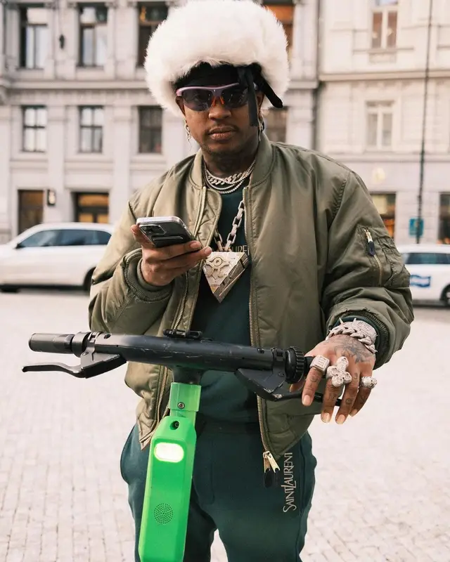 Ski Mask The Slump God outfit in F.M.C.D, Saint Laurent, and Louis Vuitton, 2023